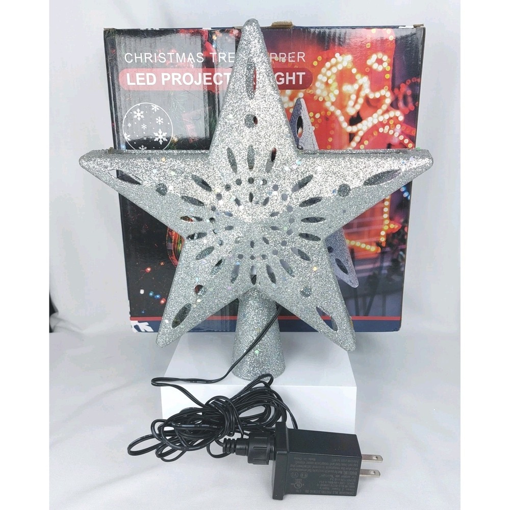 Christmas Tree Star‎ Topper With 3D Snowflake LED Projection Silver 10"